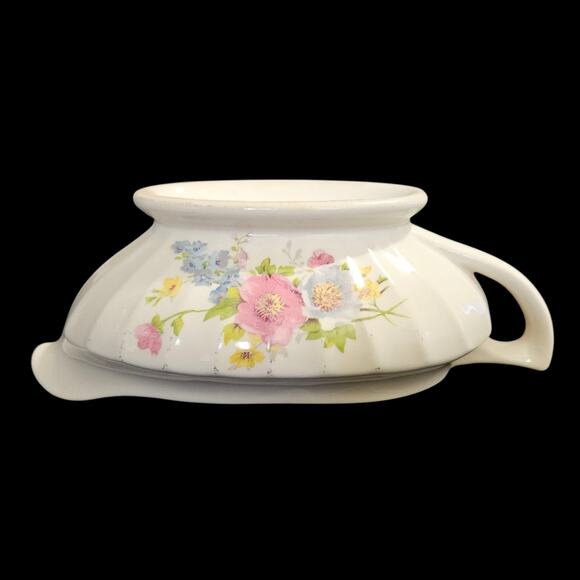 Vintage Edwin M. Knowles Gravy Boat Pink & Blue Floral Semi Vitreous USA - Picture 3 of 6
